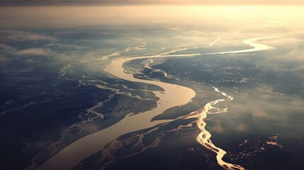 Golden Hour over River Landscape: Aerial Perspective