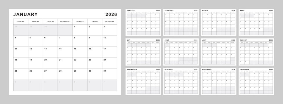 Monthly calendar layout for 2026 year. Diary planner for 2026 year. Week Starts on Sunday. Printable Letter size in black and white.
