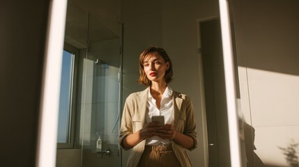 Professional Woman Holding Phone in Modern Bathroom, Business Ready