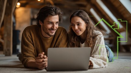 Couple Planning Home Purchase Online - House Symbol Overlay, Attic Setting