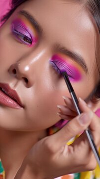 Creative makeup tutorial showcasing vibrant colors in a close-up setting with a model applying eyeshadow in a lively atmosphere