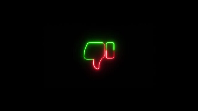 Dislike on black background, neon green thumbs down icon animation glowing on black background, 4k video
