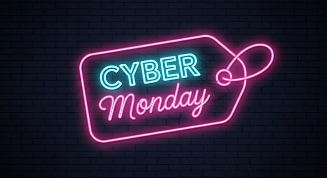 Cyber monday neon sign in the shape of a price tag, glowing in blue and pink against a dark brick wall, representing online shopping and digital sales events