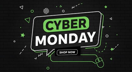 Cyber monday sale banner with a computer mouse and shop now button, promoting online shopping deals and discounts on a dark brick wall background with geometric shapes and neon green accents