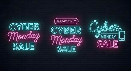 Cyber monday sale neon sign collection, advertising special discount offers for online shopping and retail promotions, with today only tag