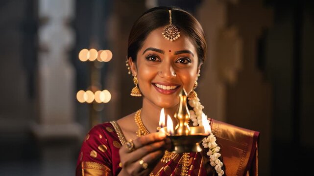 indian woman holding oil lamp plate on diwali