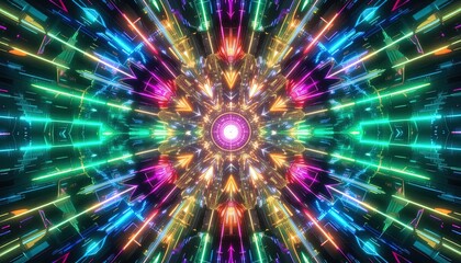 Journey through vibrant neon geometric tunnel with dazzling futuristic light patterns and energetic digital flow