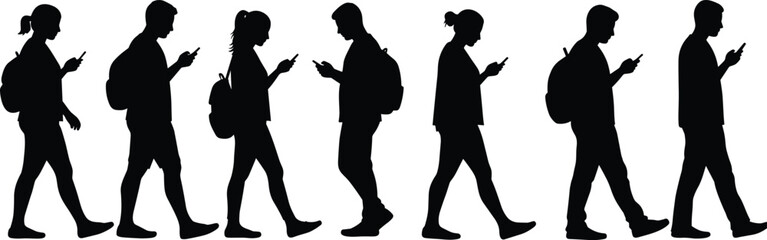 Silhouettes of walking people using smartphones, modern youth with backpacks, mobile phone addiction concept, vector illustration of digital lifestyle