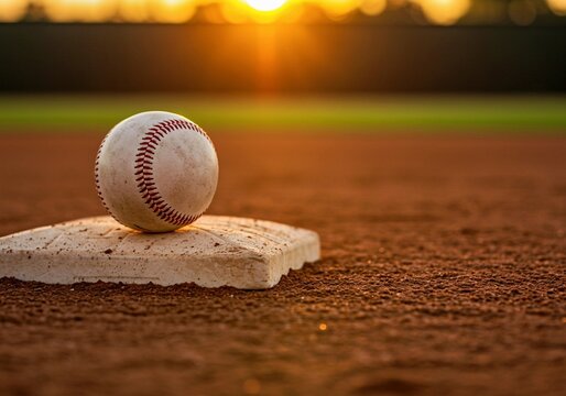 baseball on the field, Base baseball resting on sunlit home plate. Dirt field glows during golden hour. Athletic activity, game recreation. Focus go baseball texture, warm, golden boll