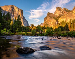Scenic Landscape of a River Flowing Through a Mountain Valley at Sunset