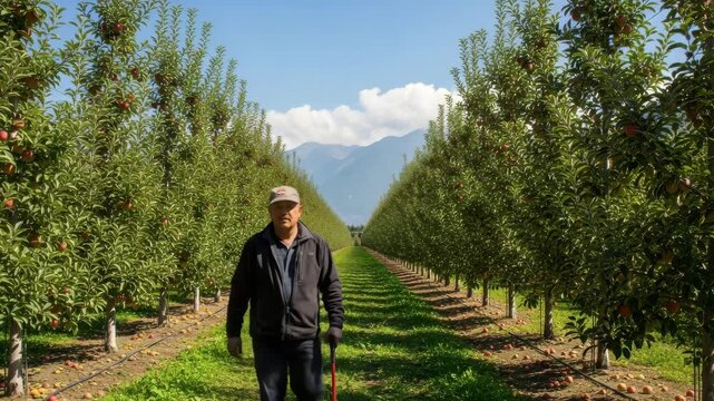 A farmer walks through a lush apple orchard on a sunny day in autumn video Generative AI