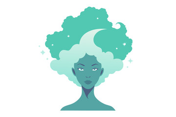 Stylized portrait of a woman with flowing turquoise hair resembling clouds and stars