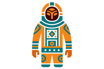 Stylized astronaut with tribal patterns and mask on white background