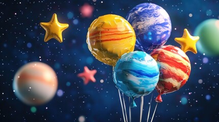 Naklejka premium Colorful Planets Balloons in Space