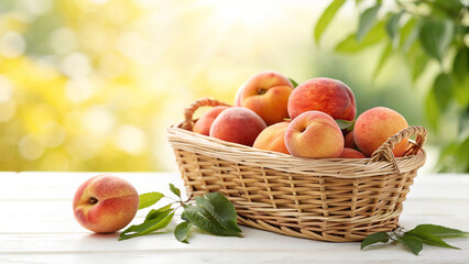Ripe peaches in a wicker basket on a white wooden table against a blurred green background, creating a refreshing and inviting scene