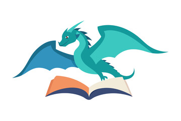 Cute cartoon dragon flying over an open book