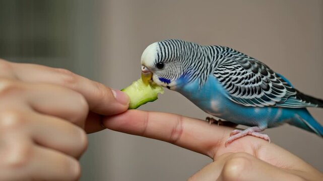 A cute blue budgie bird perched on a finger eating a piece of cucumber