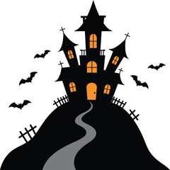 Spooky halloween haunted mansion on a hill with bats and graveyard silhouettes isolated on transparent background