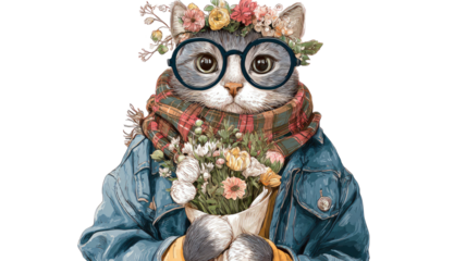 Cute anthropomorphic cat wearing glasses denim jacket and plaid scarf holding colorful flower bouquet isolated on white background.