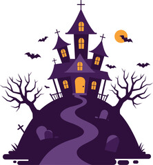 Spooky haunted mansion halloween scene with bats and moon for spooky celebrations isolated on transparent background