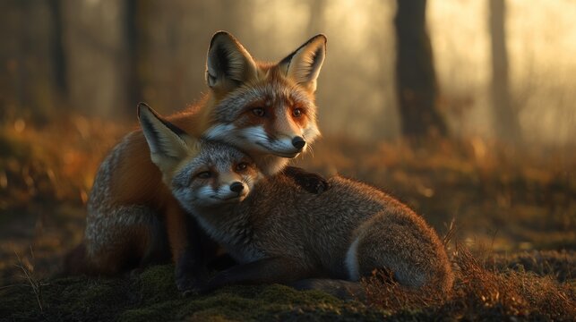 Forest Dawn, Two Foxes Embrace