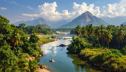 Scenic landscape of a river flowing through lush green mountains and forest