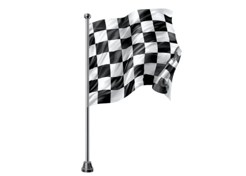 black and white checkered flag waving on a pole isolated on a transparent background in PNG format. - Powered by Adobe