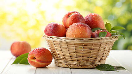 Fresh ripe peaches with water drops in a wicker basket on a white wooden table against a blurred green garden background