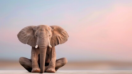 Obraz premium Cute Baby Elephant Sitting Calmly Against a Soft Pastel Background in a Peaceful Natural Environment