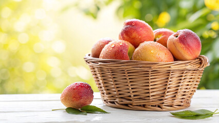 Fresh peaches with water drops in a wicker basket on a white wooden table against a blurred green garden background