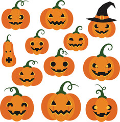 Collection of cheerful halloween pumpkins with carved faces and witch hat festive decor isolated on transparent background