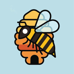 Cartoon Bee and Beehive Illustration with Black Outline and Bright Colors.