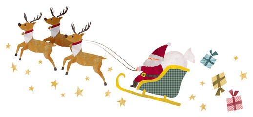キラキラ輝く星空の中をソリで駆けるサンタクロースとトナカイのクリスマスイラスト素材