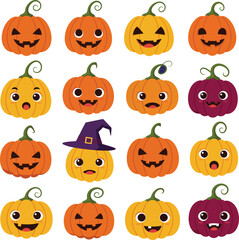 Collection of cute and spooky halloween pumpkin faces icons for festive autumn decorations isolated on transparent background