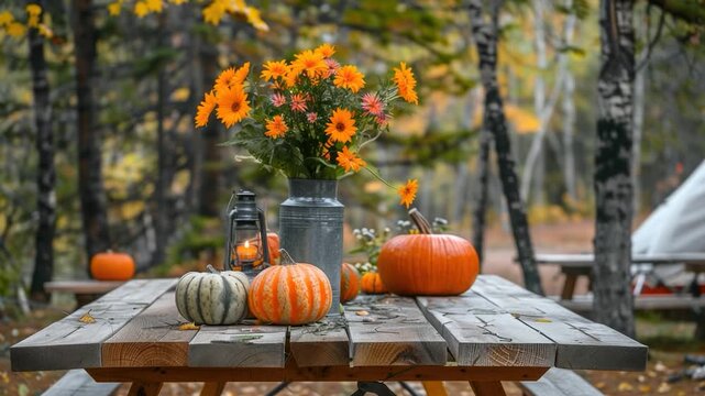 video A cozy picnic table set with colorful flowers and pumpkins, perfect for a harvest-themed event or rustic gathering