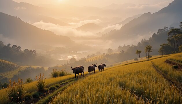 Serene golden hour illuminates lush terraced rice fields with three water buffalo peacefully grazing on a misty mountainside, evoking tranquility and natural beauty. - Powered by Adobe