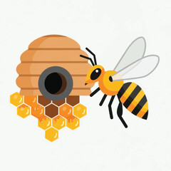Cartoon Bee Flying Next to a Wooden Beehive with Honeycomb.