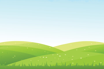 Obraz premium Simple cartoon illustration of green hills and a bright blue sky