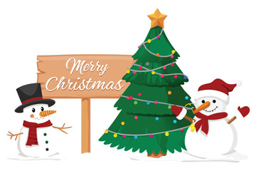 Festive christmas scene featuring a tree snowman and a merry sign