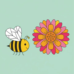 Cute Cartoon Bee and Colorful Flower Illustration.