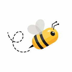 Cute cartoon bee flying with a dotted trail.