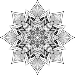 Geometric mandala flower with layered petals and circular center pattern.  Design coloring page. Black and white line art illustration isolated on white background. Abstract floral ornament.