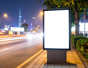 Empty Vertical space advertisement board, blank white signboard on roadside in city, Vertical blank billboard in city in night time, White signboard on roadside for advertisement placement