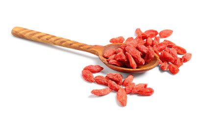 Wooden spoon with red dried goji berries on white background