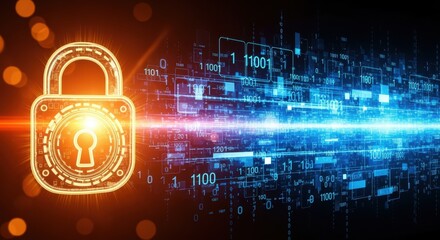 A digital security concept with a glowing padlock icon against a backdrop of binary code and data streams in shades of orange and blue, conveying the importance of cybersecurity and data protection.