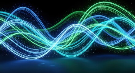 Mesmerizing digital artwork of undulating light waves in blue and green hues against a starry backdrop, evoking a sense of energy, technology, and the flow of information.