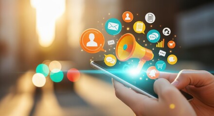 A hand holds a smartphone displaying digital marketing icons like envelope, user profile, and graph. The screen's colorful glow suggests the use of online platforms.