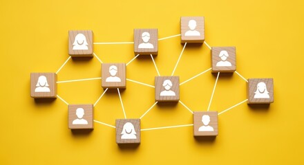 A network of wooden blocks with silhouettes representing people, connected by strings on a bright yellow background. This image depicts the concept of social connections, networking, and community.