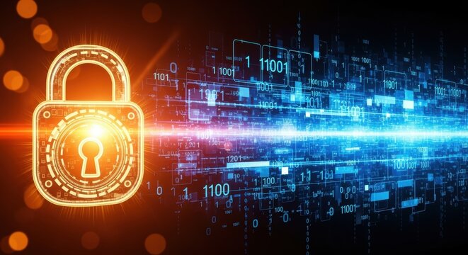 A digital security concept with a glowing padlock icon against a backdrop of binary code and data streams in shades of orange and blue, conveying the importance of cybersecurity and data protection.