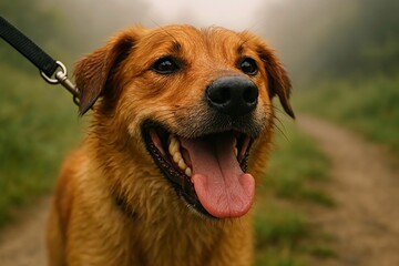 Close-up on a dog panting mouth and happy expression with a leash attached during a morning hike.